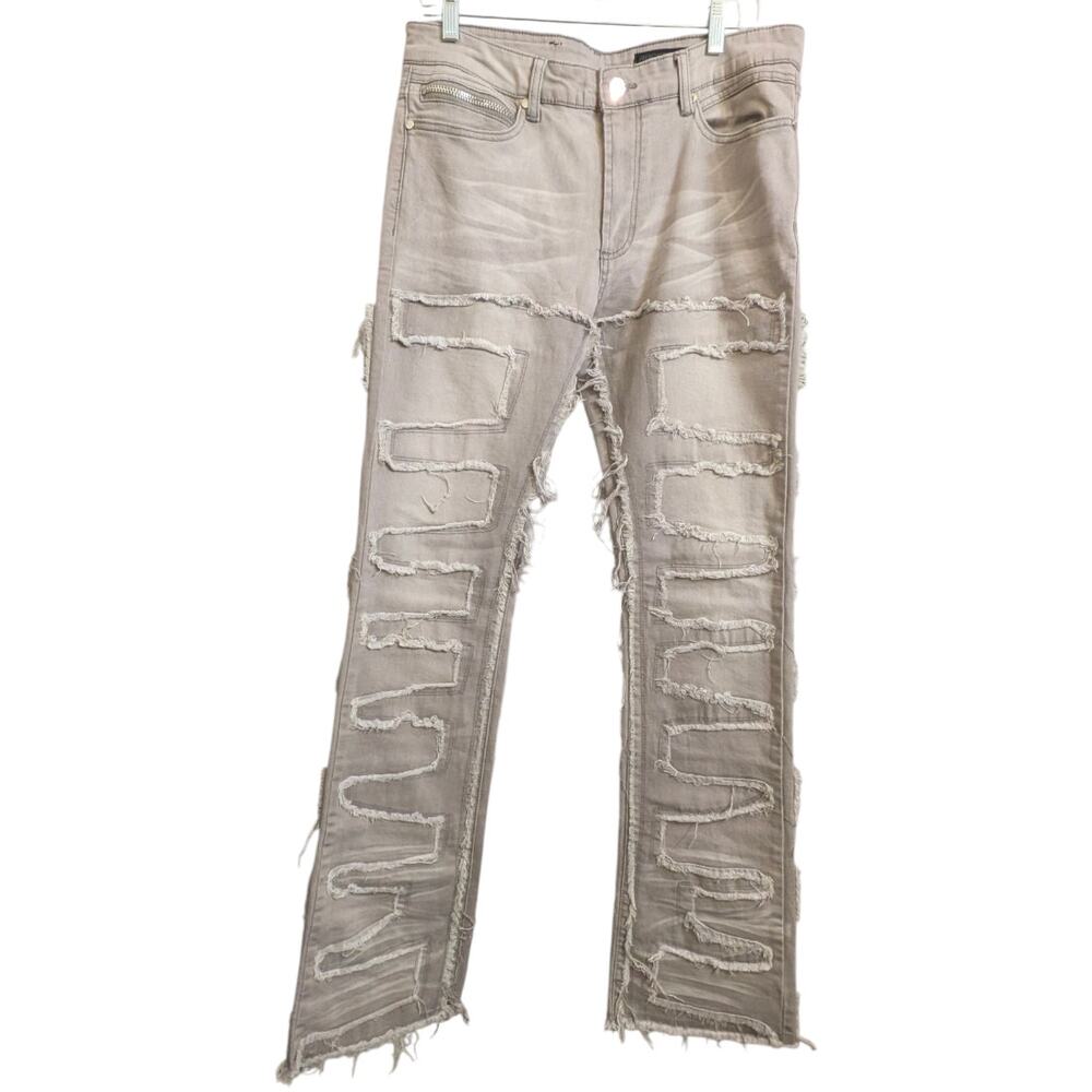 Rockstar Original Stacked Oatmeal Distressed Patchwork Denim Jeans Raw Edge 34